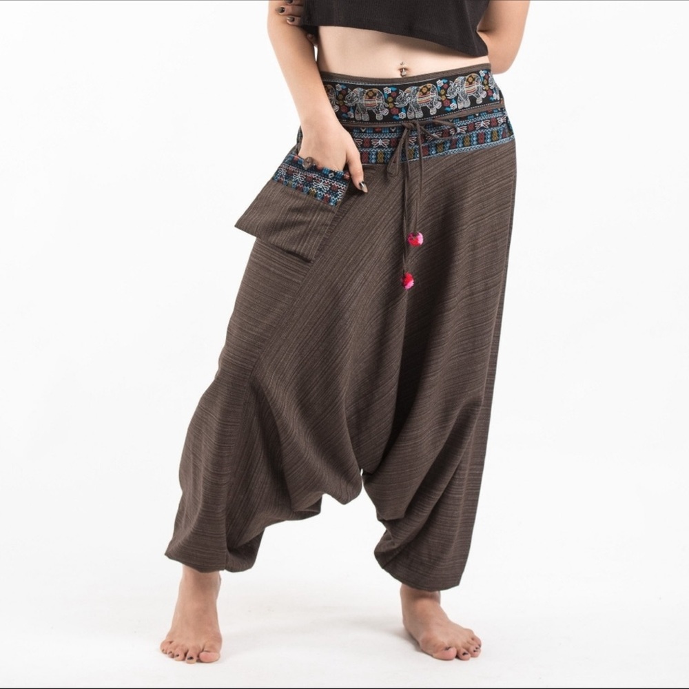 Embroidered Waist Wide-Leg Harem Pants - Brown